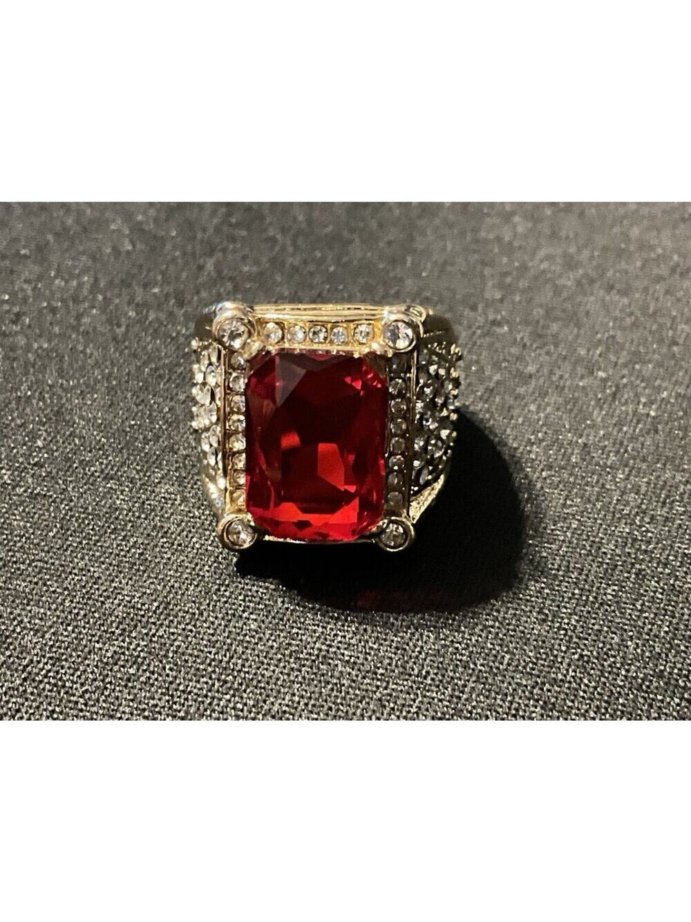 Men’s Size 8.25 Red Faceted Rhinestone Gold Plated RIng